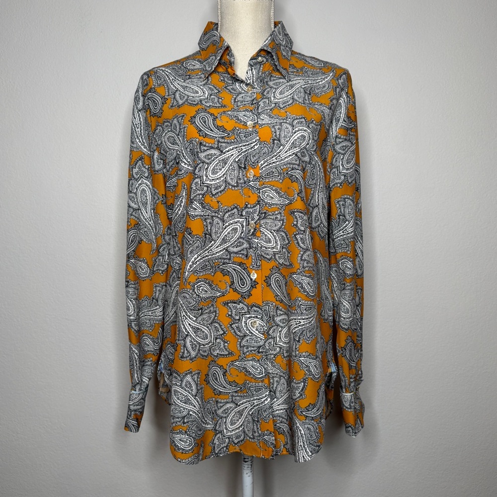 Robert Graham Silk Blend Paisley Button Down Shirt Mustard Black White Size L